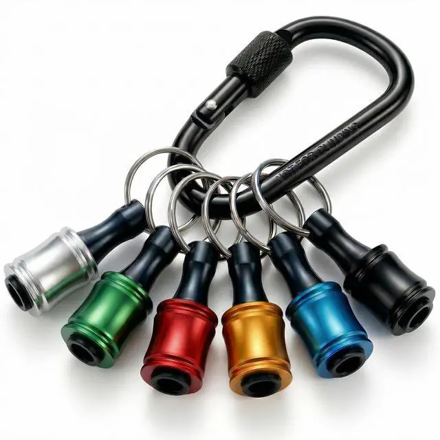 Main image of 6PCS 1/4 Hex Shank Drill Bit Holders Keychain for Nut & Impact Driver Drill Bits, Push to Unlock Aluminum Alloy Screwdriver Bit Holder Key Chain, Portable Carabiner Bits Holder,Tool Gifts for Men