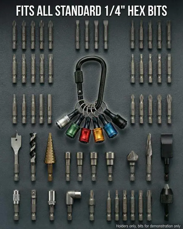 Alt view image 3 of 7 - 6PCS 1/4 Hex Shank Drill Bit Holders Keychain for Nut & Impact Driver Drill Bits, Push to Unlock Aluminum Alloy Screwdriver Bit Holder Key Chain, Portable Carabiner Bits Holder,Tool Gifts for Men