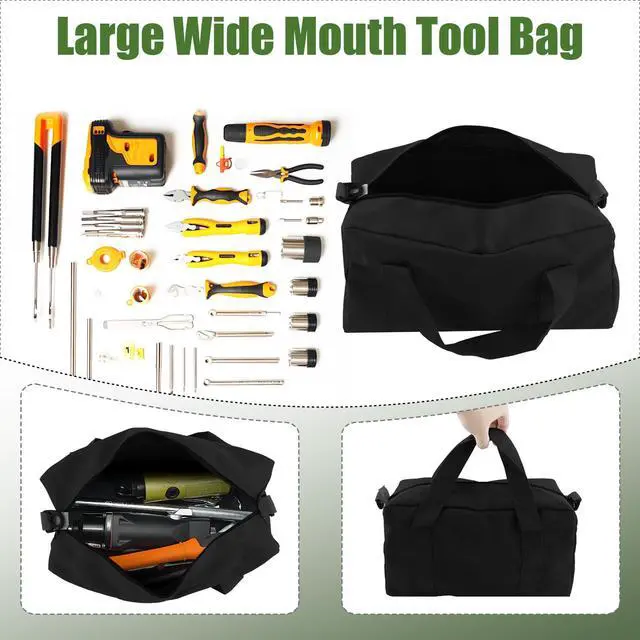 Alt view image 3 of 7 - Small Tool Bag,Close Top Wide Mouth Tool Organizer Bag,Large Capacity Tool Bags for Men,Canvas Tool Storage Bag for Storage Handbag for Screwdrivers,Wrench,Pliers Hand Tools (black, 12 Inch)