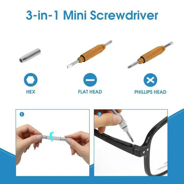 Alt view image 4 of 7 - Eyeglass Screwdriver Repair Kit Silver & Yellow Precision 3 in 1 Mini Screwdrivers Set Keychain Glasses, Sunglasses, Sunglass, Watch, Electronics, Eyeglasses, Flat Head, Phillips, Hex