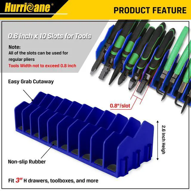 Alt view image 3 of 7 - Plier Organizer Rack, 10-Slot Pliers Cutters Rack with Non-Slip Rubber Base, Tool Organizer, Tool Drawer Toolbox torage, Blue, Extendable Design, Fit 3 H, 1 Pack
