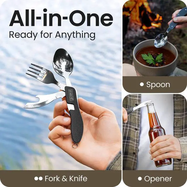 Alt view image 2 of 7 - 4-in-1 Camping Utensils, 1-Pack, Portable Stainless Steel Spoon, Fork, Knife & Bottle Opener Combo Set - Travel, Backpacking Cutlery Multitool, Black