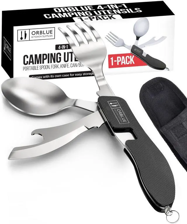 Main image of 4-in-1 Camping Utensils, 1-Pack, Portable Stainless Steel Spoon, Fork, Knife & Bottle Opener Combo Set - Travel, Backpacking Cutlery Multitool, Black