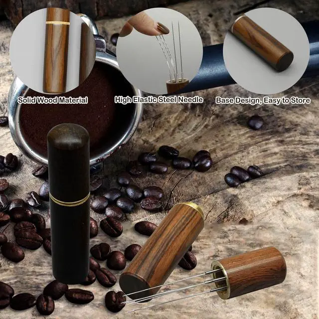 Alt view image 3 of 6 - 2 Pcs Espresso Distribution Tool, Espresso Stirrer Tool with Natural Wood Handle and Base, 5 Needles Espresso Coffee Stirrers Espresso Needle Distributor for Home Kitchen Cafe (Walnut and Rosewood)