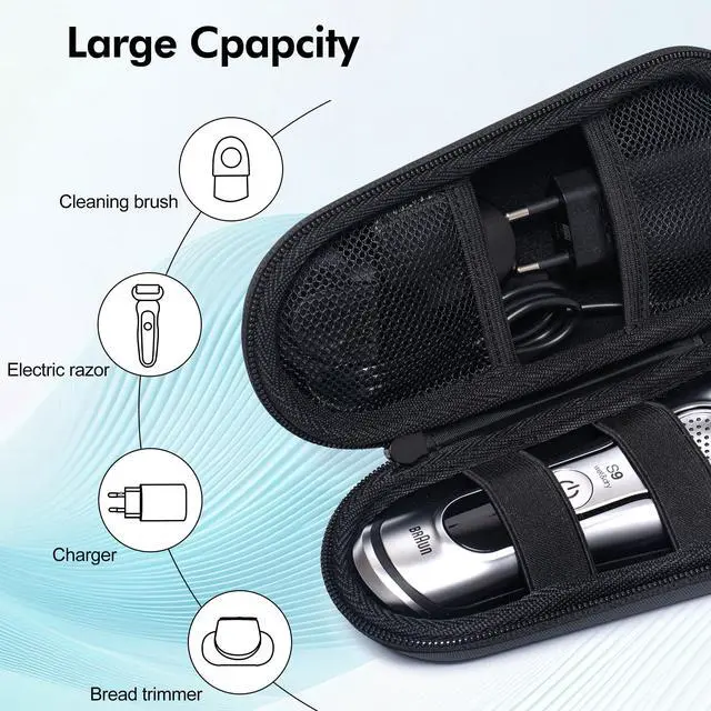 Alt view image 5 of 7 - Electric Shaver Travel Case for Braun Series 3/5/6/7/8/9, Hard EVA Storage Bag with Dual Straps, Portable Protective Organizer for Men's Electric Razor, Charger & Accessories, Navy Blue
