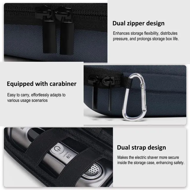 Alt view image 4 of 7 - Electric Shaver Travel Case for Braun Series 3/5/6/7/8/9, Hard EVA Storage Bag with Dual Straps, Portable Protective Organizer for Men's Electric Razor, Charger & Accessories, Navy Blue
