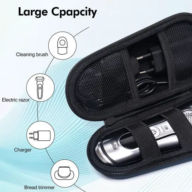 Alt view image 5 of 7 - Electric Shaver Travel Case for Braun Series 3/5/6/7/8/9, Hard EVA Storage Bag with Dual Straps, Portable Protective Organizer for Men's Electric Razor, Charger & Accessories, Light Blue