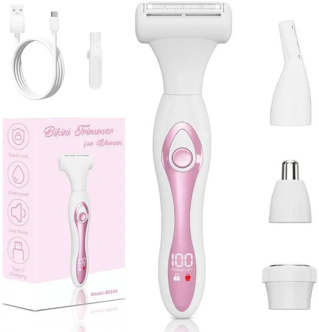 Main image of Bikini Trimmer Electric Razor for Women, 4-in-1 Rechargeable, Pink