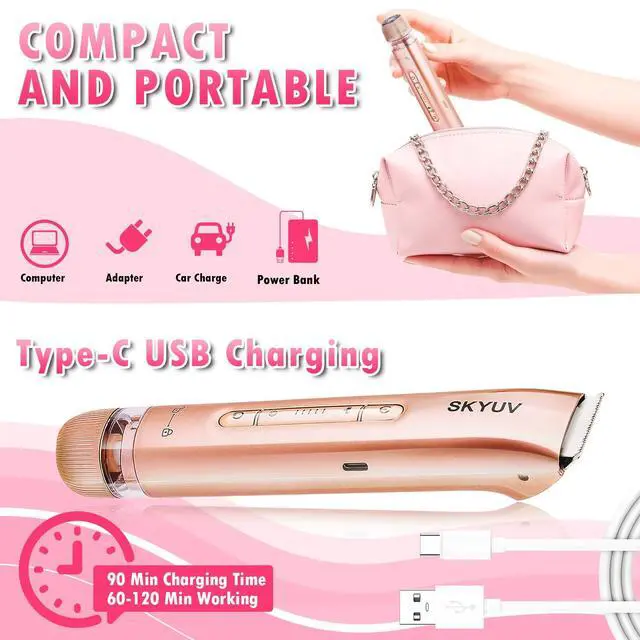 Alt view image 6 of 7 - Bikini Trimmer for Women, 2 in 1 Electric Razors Bikini Shaver, IPX7 Waterproof & Easy Cleaning, Ceramic Blade, USB Recharge, Cordless Body Hair Trimmer, Facial & Pubic Hair Removal