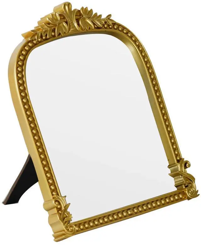 Main image of Gold Plastic Arched Makeup Mirror, Standing, Hanging or Wall Mount, Bathroom, Living Room, Bedroom Gold Decorative Mirror (10.6x8.6 inch)
