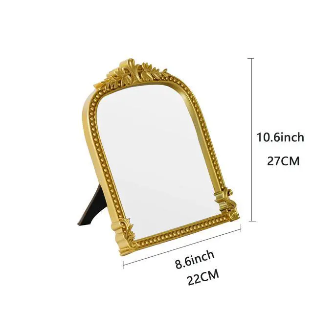 Alt view image 2 of 7 - Gold Plastic Arched Makeup Mirror, Standing, Hanging or Wall Mount, Bathroom, Living Room, Bedroom Gold Decorative Mirror (10.6x8.6 inch)