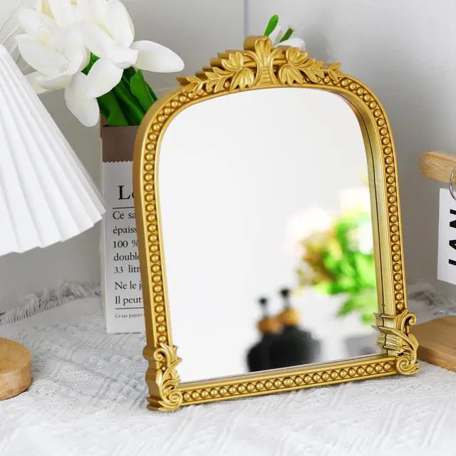Alt view image 3 of 7 - Gold Plastic Arched Makeup Mirror, Standing, Hanging or Wall Mount, Bathroom, Living Room, Bedroom Gold Decorative Mirror (10.6x8.6 inch)