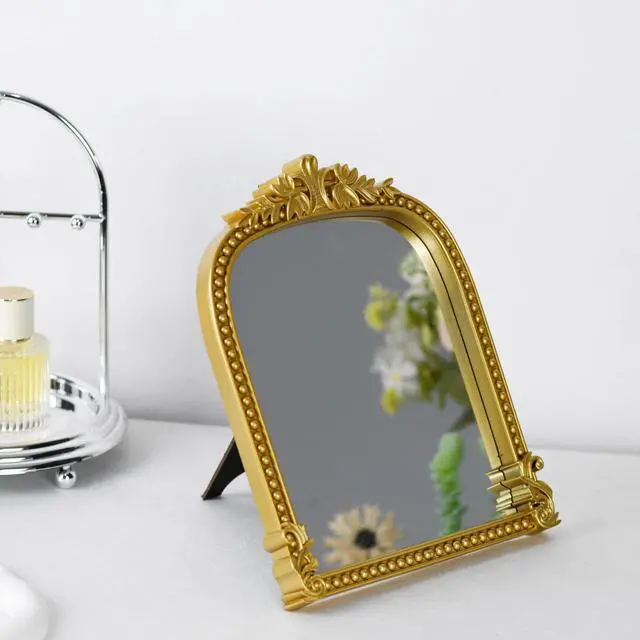 Alt view image 4 of 7 - Gold Plastic Arched Makeup Mirror, Standing, Hanging or Wall Mount, Bathroom, Living Room, Bedroom Gold Decorative Mirror (10.6x8.6 inch)