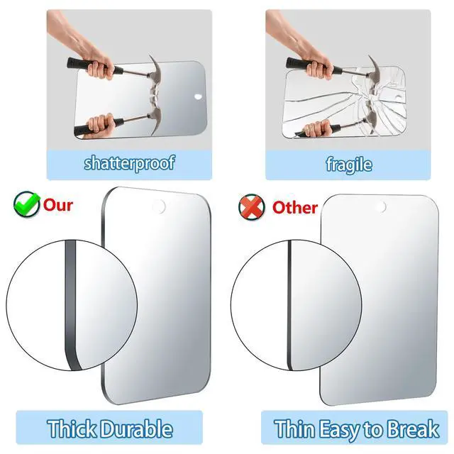 Alt view image 5 of 7 - Shower Mirror Fogless for Shaving, Medium 8 x 6 inch Mirror for Wall Hanging, Frameless Portable Travel Camping Mirrors Shatterproof Handheld Locker Shave Mirrors Makeup Plastic Anti Fog Free Bathroom