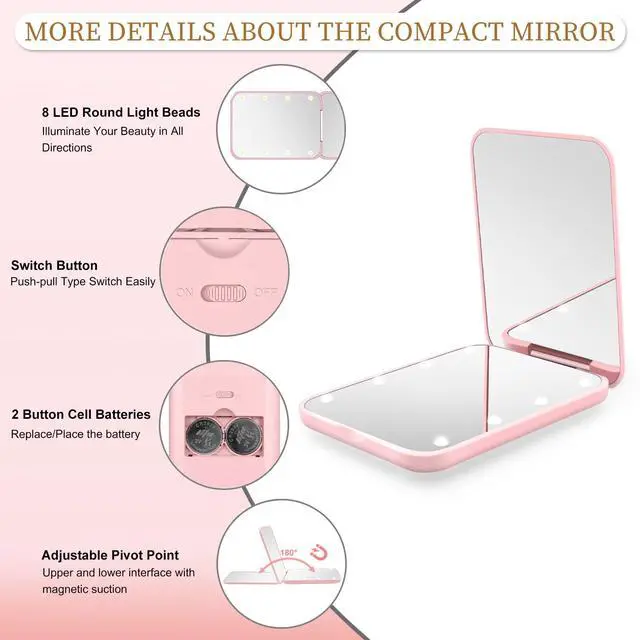 Alt view image 3 of 7 - Compact Mirror, 1X/3X Magnification LED Pocket Mirror with Nternal BIattery, Mini Mirror for Purse, Pocket,Travel and Present (Pink)