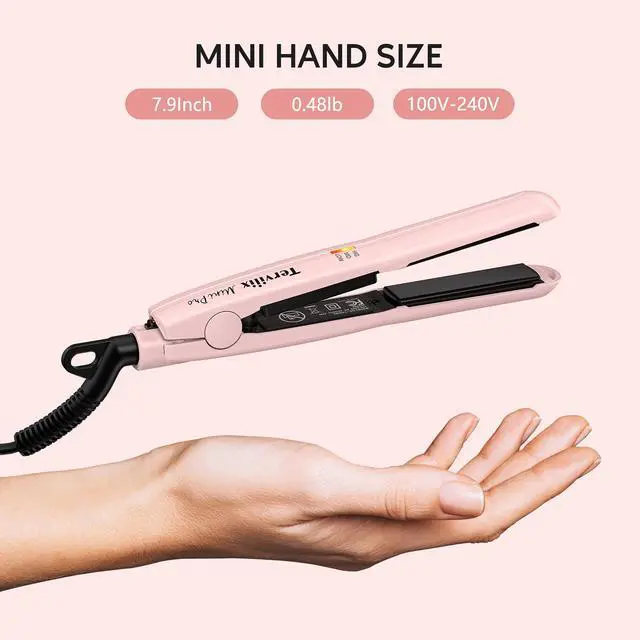 Alt view image 3 of 7 - Mini Flat Iron Hair Straightener, Adjustable Temperature, Travel-Size, 1/2" Ceramic Plates, Dual Voltage, Auto-Off, Pink