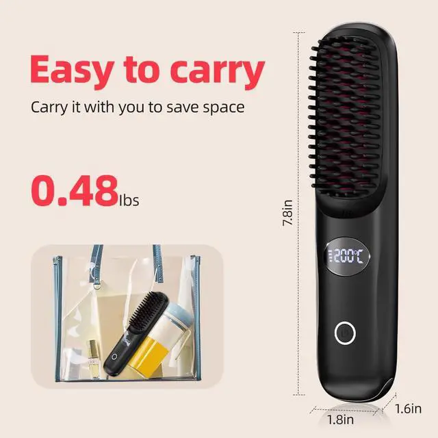 Alt view image 2 of 7 - Cordless Hair Straightener Brush for Travel Portable Hair Straightener Comb with Negative Ion Mini hot Brush for Women, on-The-go Rechargeable with LED Display Anti-Scald Protection