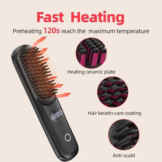 Alt view image 4 of 7 - Cordless Hair Straightener Brush for Travel Portable Hair Straightener Comb with Negative Ion Mini hot Brush for Women, on-The-go Rechargeable with LED Display Anti-Scald Protection