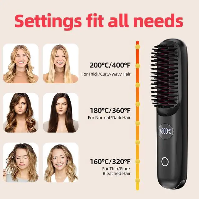 Alt view image 5 of 7 - Cordless Hair Straightener Brush for Travel Portable Hair Straightener Comb with Negative Ion Mini hot Brush for Women, on-The-go Rechargeable with LED Display Anti-Scald Protection