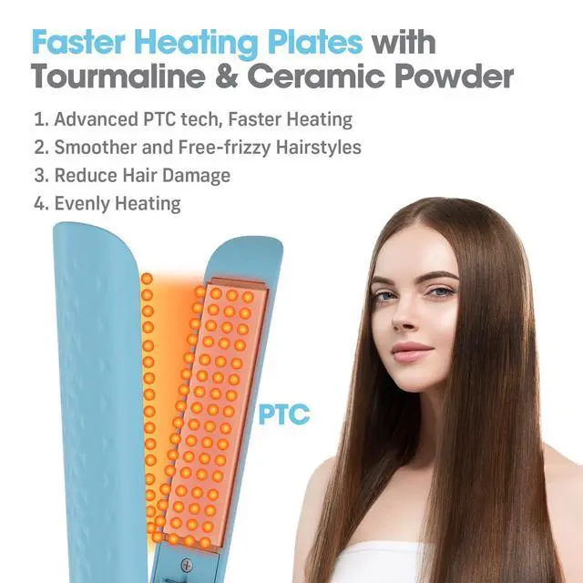 Alt view image 2 of 7 - Hair Straightener, 110-240V Global Travel Hair Straighteners for Women, 15s Fast Heating, Ceramic Negative Ion Flat Iron, Temp Memory, 320-450, Auto-Off, with Glove and Clips, Gift, Blue