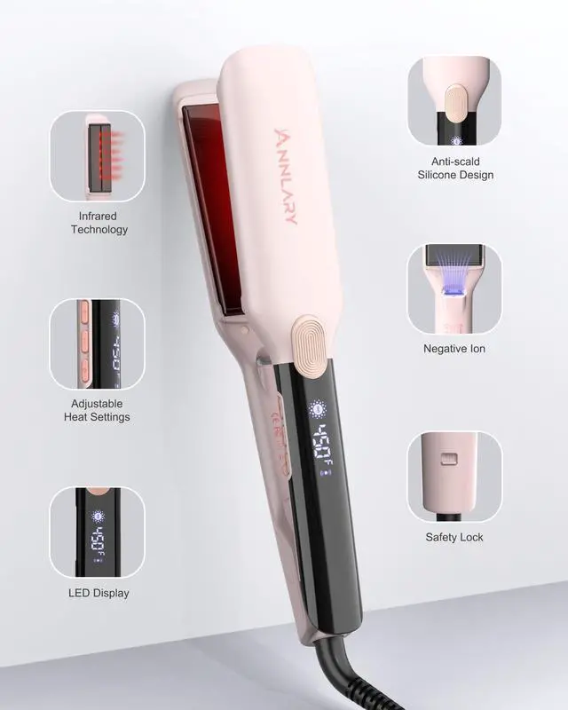 Alt view image 3 of 7 - Hair Straightener, 1.75 Inch Flat Iron with Infrared and Ionic Technology, Titanium Plate with Ceramic Coating Dual Voltage Straightener with Heat-Resistant Silicone for All Hair Types