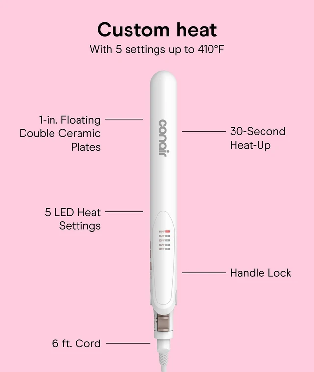 Alt view image 4 of 7 - Double Ceramic Flat Iron, 1-Inch Flat Iron Hair Straightener, Five Heat Settings, Extra Long Floating Plates, White