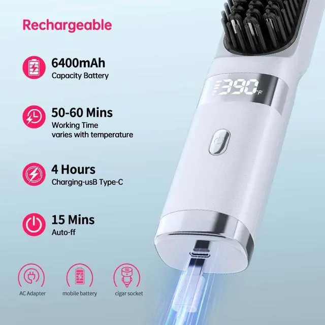 Alt view image 4 of 7 - Cordless Hair Straightener Brush Portable on The go Comb for Travel USB chargingTwo Power sources30s Fast HeatingLCD Large Screen Display (White)