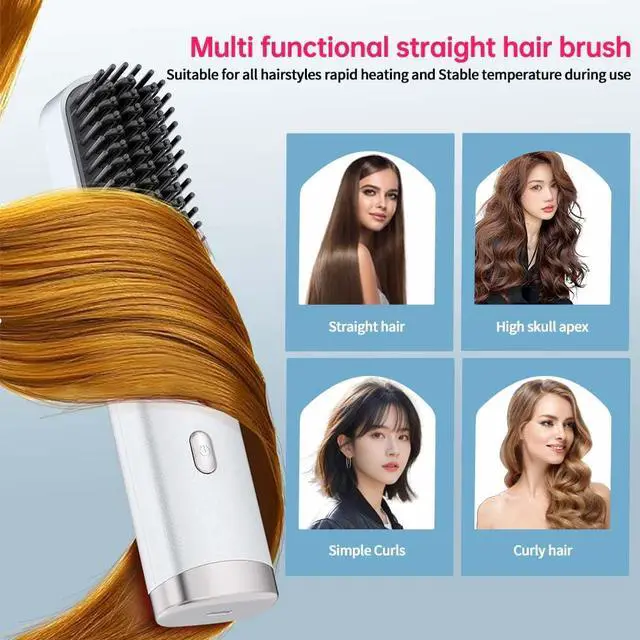 Alt view image 5 of 7 - Cordless Hair Straightener Brush Portable on The go Comb for Travel USB chargingTwo Power sources30s Fast HeatingLCD Large Screen Display (White)