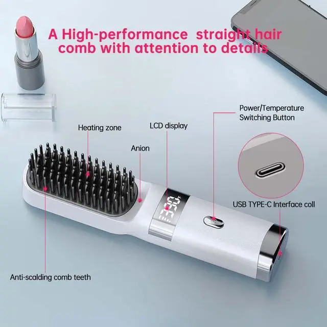 Alt view image 7 of 7 - Cordless Hair Straightener Brush Portable on The go Comb for Travel USB chargingTwo Power sources30s Fast HeatingLCD Large Screen Display (White)