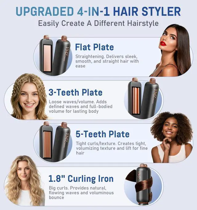Alt view image 3 of 7 - Flat Iron Hair Straightener, Titanium Ceramic Hair Straighteners for Women, Rotating 4-in-1 Dual Voltage Travel Flat Iron for Straightening, Curling, Volumizing, Root Lift, 10s Fast Heat, Black
