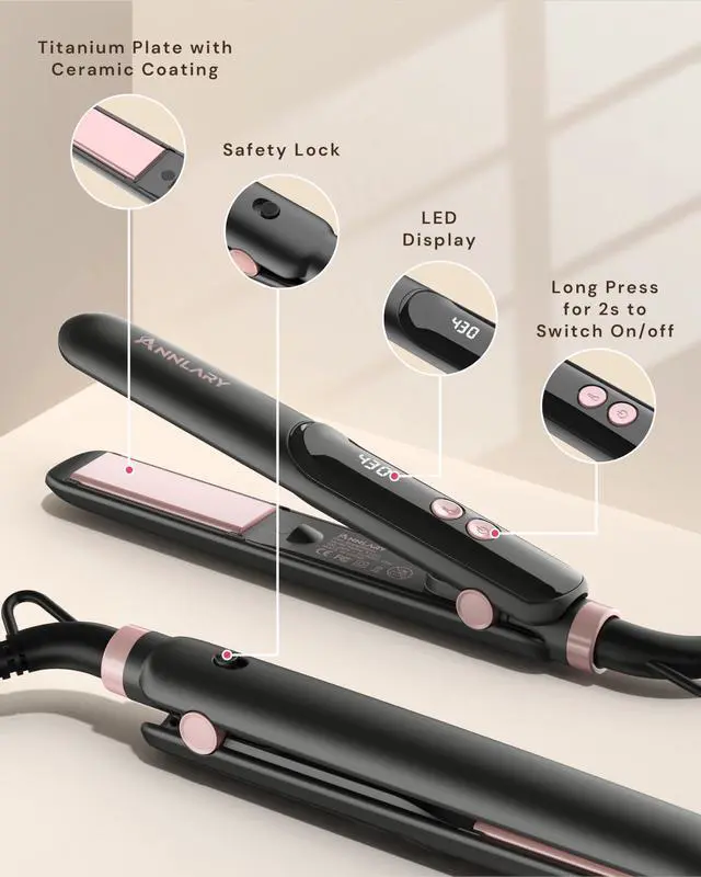 Alt view image 7 of 7 - Mini Hair Straightener for Travel, Portable Dual Voltage Small Flat Iron with LED Display, Adjustable Temperature, Dual PTC Heating, Negative Ion Care, Titanium Plates for Short Hair