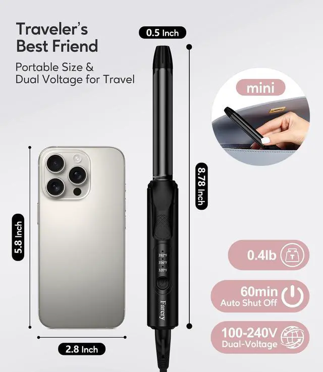 Alt view image 2 of 7 - 1/2 Inch Mini Travel Curling Iron for Short Hair, Auto-Off