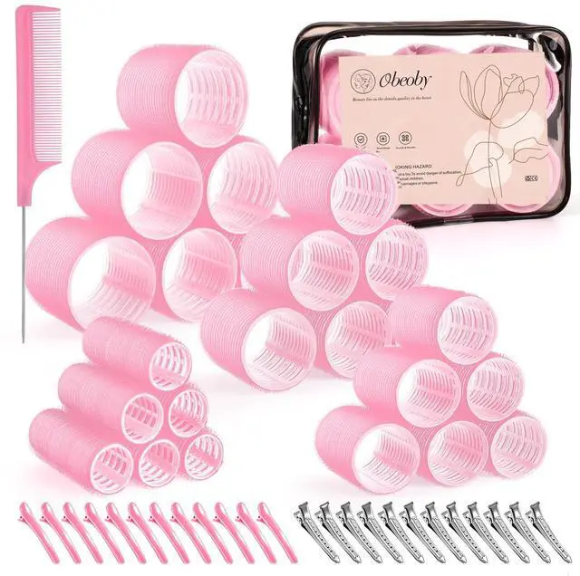 Main image of 4 Sizes Self-Grip Hair Rollers Set for Long, Short Hair and Bangs - 50 Pcs with Clips (25mm, 36mm, 48mm, 60mm), Pink