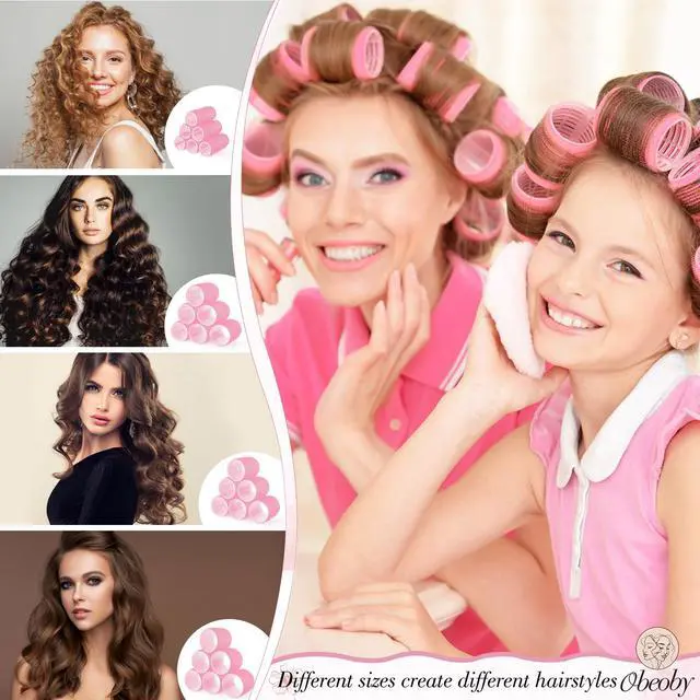 Alt view image 3 of 7 - 4 Sizes Self-Grip Hair Rollers Set for Long, Short Hair and Bangs - 50 Pcs with Clips (25mm, 36mm, 48mm, 60mm), Pink