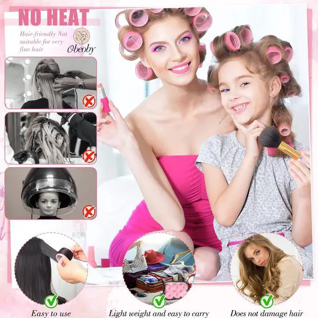 Alt view image 5 of 7 - 4 Sizes Self-Grip Hair Rollers Set for Long, Short Hair and Bangs - 50 Pcs with Clips (25mm, 36mm, 48mm, 60mm), Pink