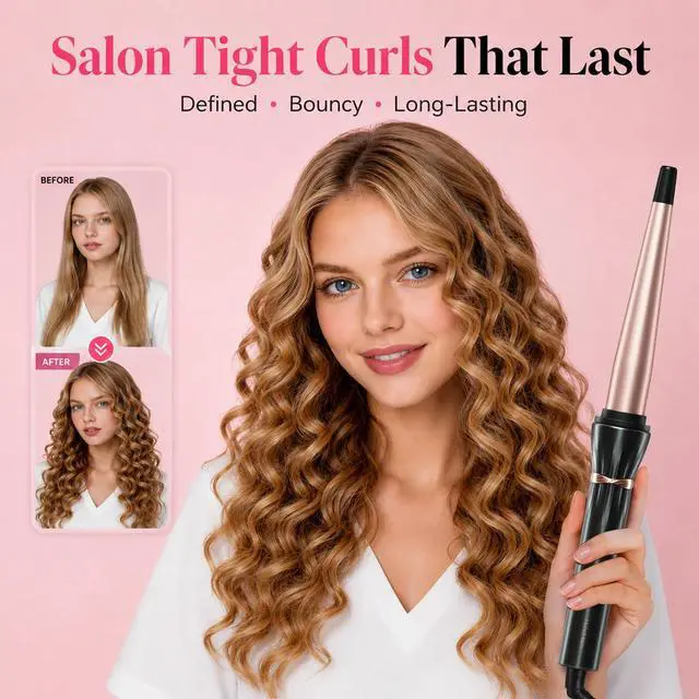Alt view image 3 of 7 - Curling Wand 1/21 Inch Tapered Curling Iron, Ceramic Curling Wand Clamp-Free Hair Curler for Tight Curls, Beach Waves, Spiral & Ringlet Curls, Dual Voltage Travel Styling, 2 Heat Settings