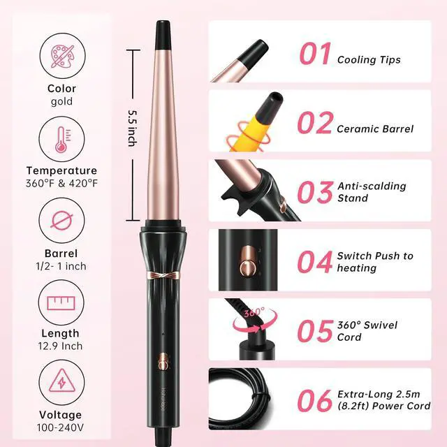 Alt view image 7 of 7 - Curling Wand 1/21 Inch Tapered Curling Iron, Ceramic Curling Wand Clamp-Free Hair Curler for Tight Curls, Beach Waves, Spiral & Ringlet Curls, Dual Voltage Travel Styling, 2 Heat Settings