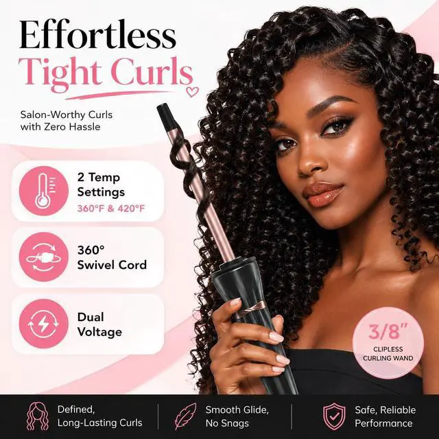 Alt view image 3 of 7 - 3/8 Inch Curling Wand,9mm Tiny Curling Wand,Ceramic Small Barrel Curling Iron with Adjustable Temperature,Fast Heating,for Short & Long Hair