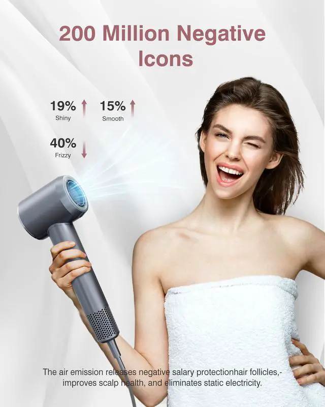 Alt view image 5 of 6 - Hair Dryer, 160000 RPM Professional High Speed Ionic Blow Dryer 200 Million Negative Ions & Heat-Control & Low Noise Hairdryer with Magnetic Diffuser for Faster Drying All Hair Types, No Heat Damage