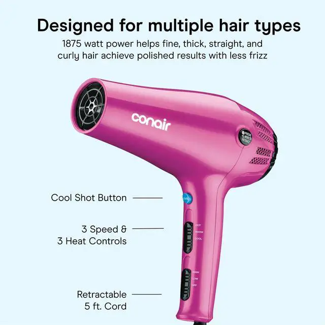 Alt view image 4 of 7 - Hair Dryer with Diffuser and Concentrator, 1875W, Pink