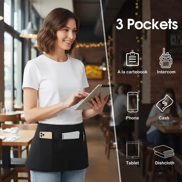 Alt view image 3 of 7 - 4 Pack Waitress Apron With 3 Pockets-Black Server Aprons-Waiter Short Half Waist Servers Apron