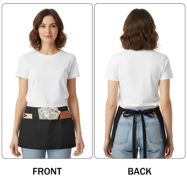 Alt view image 2 of 7 - 4 Pack Waitress Apron With 3 Pockets-Black Server Aprons-Waiter Short Half Waist Servers Apron