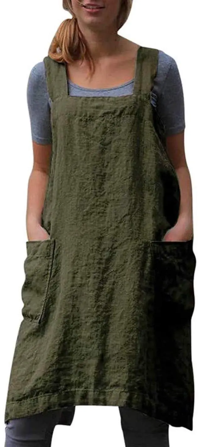 Main image of Cotton Linen Apron Cross Back Apron for Women with Pockets Pinafore Dress for Baking Cooking