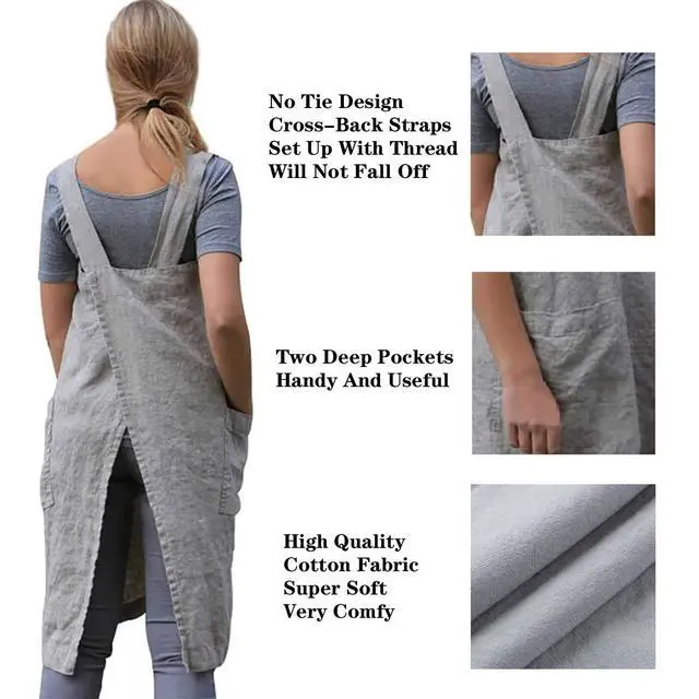 Alt view image 3 of 6 - Cotton Linen Apron Cross Back Apron for Women with Pockets Pinafore Dress for Baking Cooking