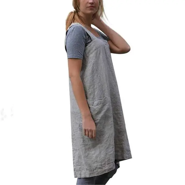 Alt view image 4 of 6 - Cotton Linen Apron Cross Back Apron for Women with Pockets Pinafore Dress for Baking Cooking
