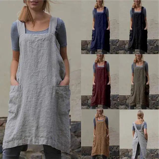 Alt view image 5 of 6 - Cotton Linen Apron Cross Back Apron for Women with Pockets Pinafore Dress for Baking Cooking