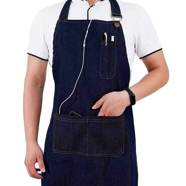 Alt view image 4 of 7 - Denim Apron with Pockets for Men Women Chef Kitchen BBQ Restaurant Grill Adjustable Neck Strap Long Ties Suitable M to XXL Tool Aprons (Dark Blue)