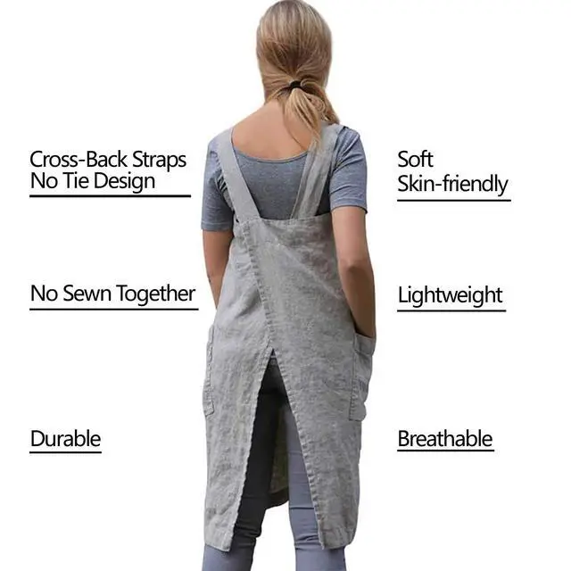 Alt view image 4 of 6 - Cotton Linen Apron for women Cross Back Apron Pinafore Dress for Baking Cooking Gardening Work
