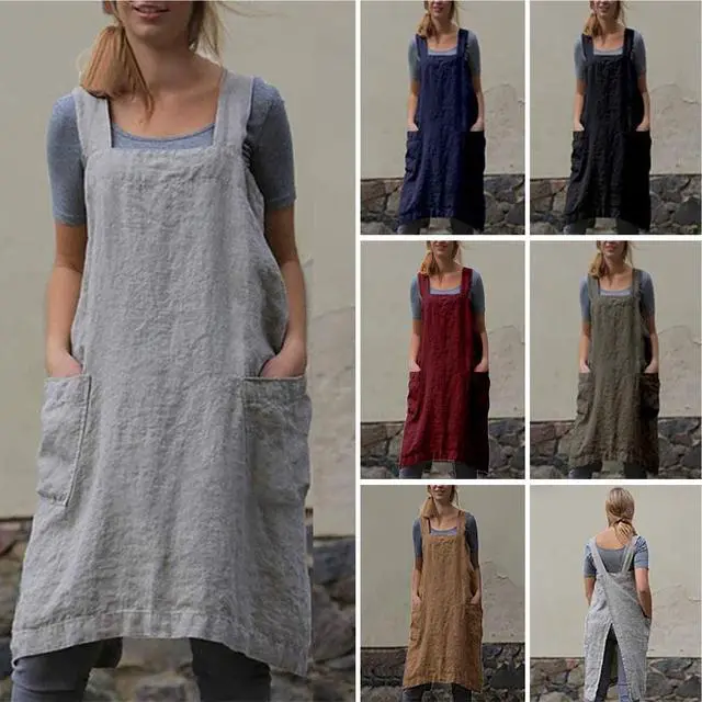 Alt view image 6 of 6 - Cotton Linen Apron for women Cross Back Apron Pinafore Dress for Baking Cooking Gardening Work