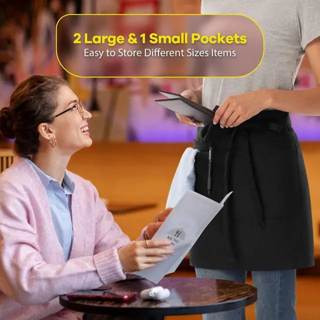 Alt view image 4 of 6 - Server Apron Black with 3 Pockets 18" Half Bistro Aprons Waterproof